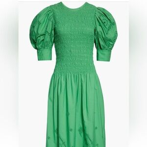 Ganni | Kelly green puff sleeve with eyelet detail midi dress